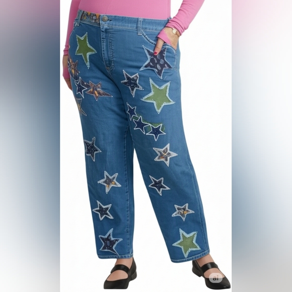 Upcycled Denim - Upcycled Hand crafted stars patched & embroided blue jeans